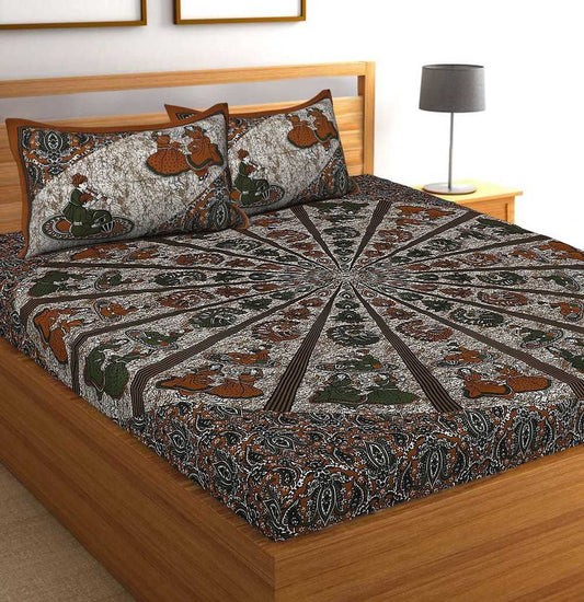 Jaipuri Prints Cotton Double Bedsheet (Brown)