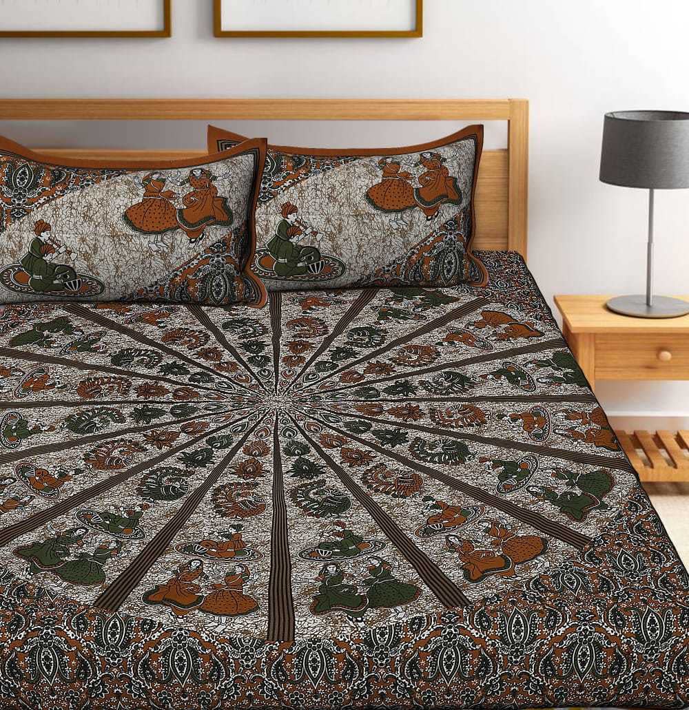 Jaipuri Prints Cotton Double Bedsheet (Brown)