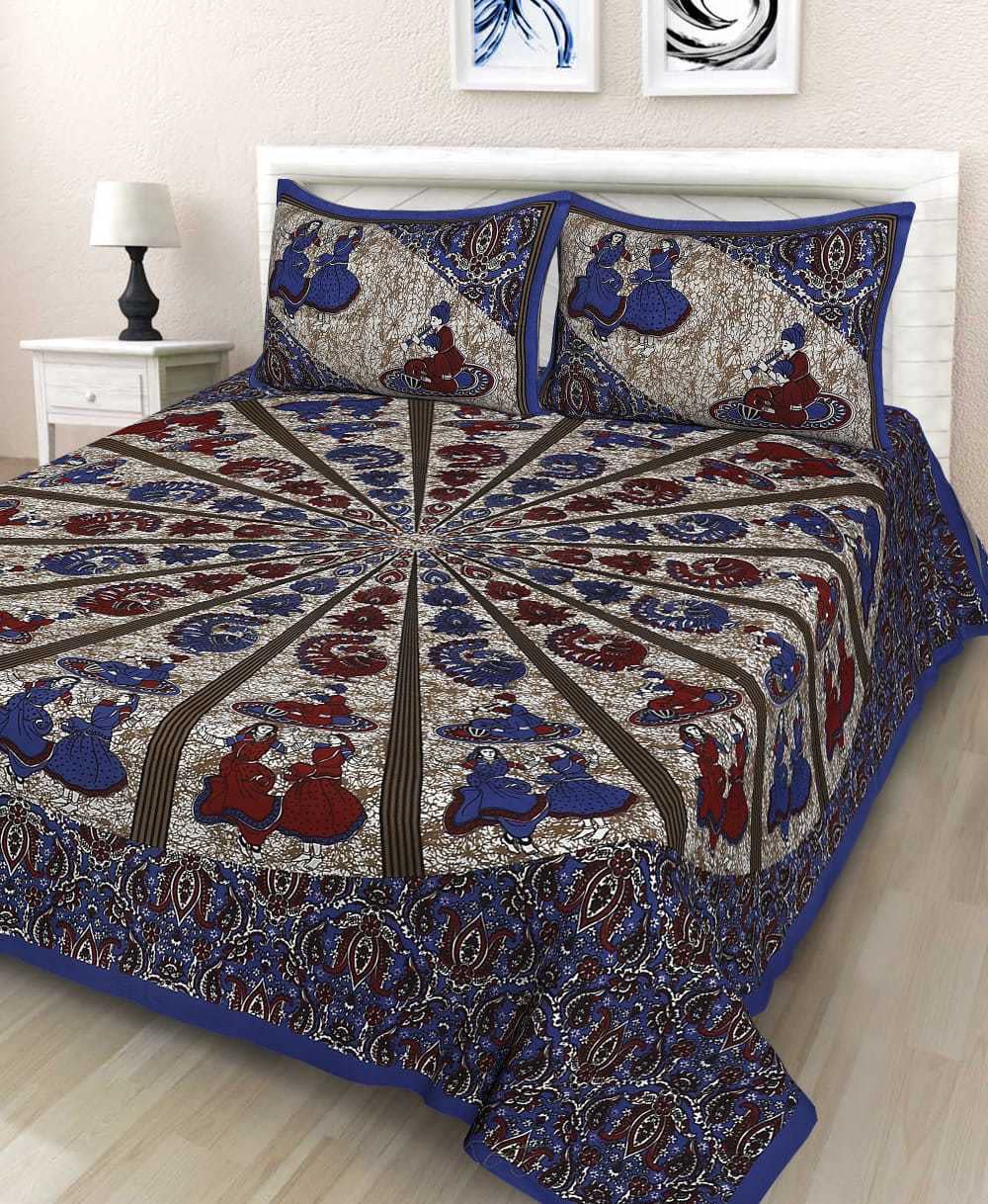 Jaipuri Prints Cotton Double Bedsheet (Blue)