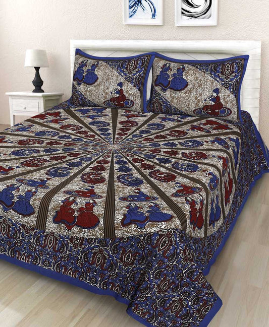 Jaipuri Prints Cotton Double Bedsheet (Blue)