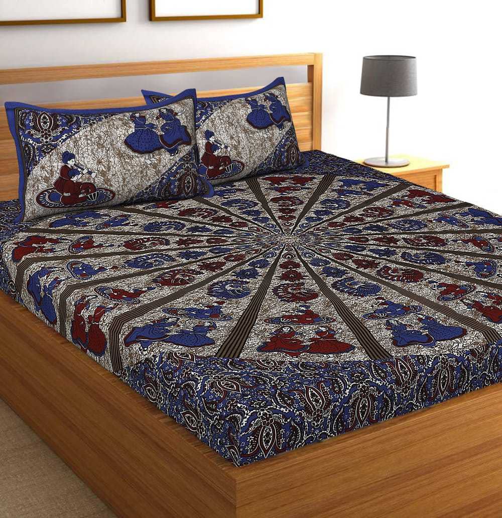 Jaipuri Prints Cotton Double Bedsheet (Blue)