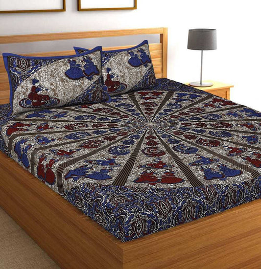 Jaipuri Prints Cotton Double Bedsheet (Blue)