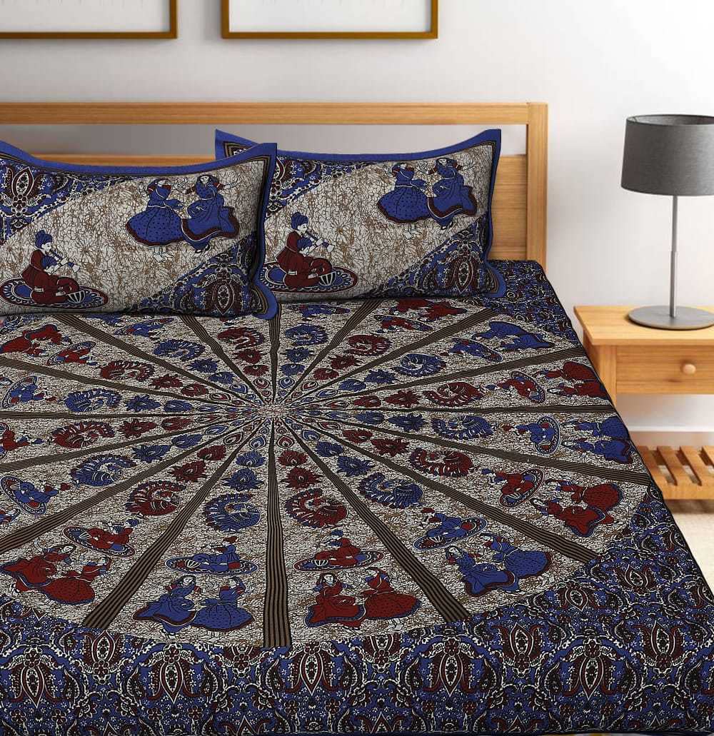 Jaipuri Prints Cotton Double Bedsheet (Blue)