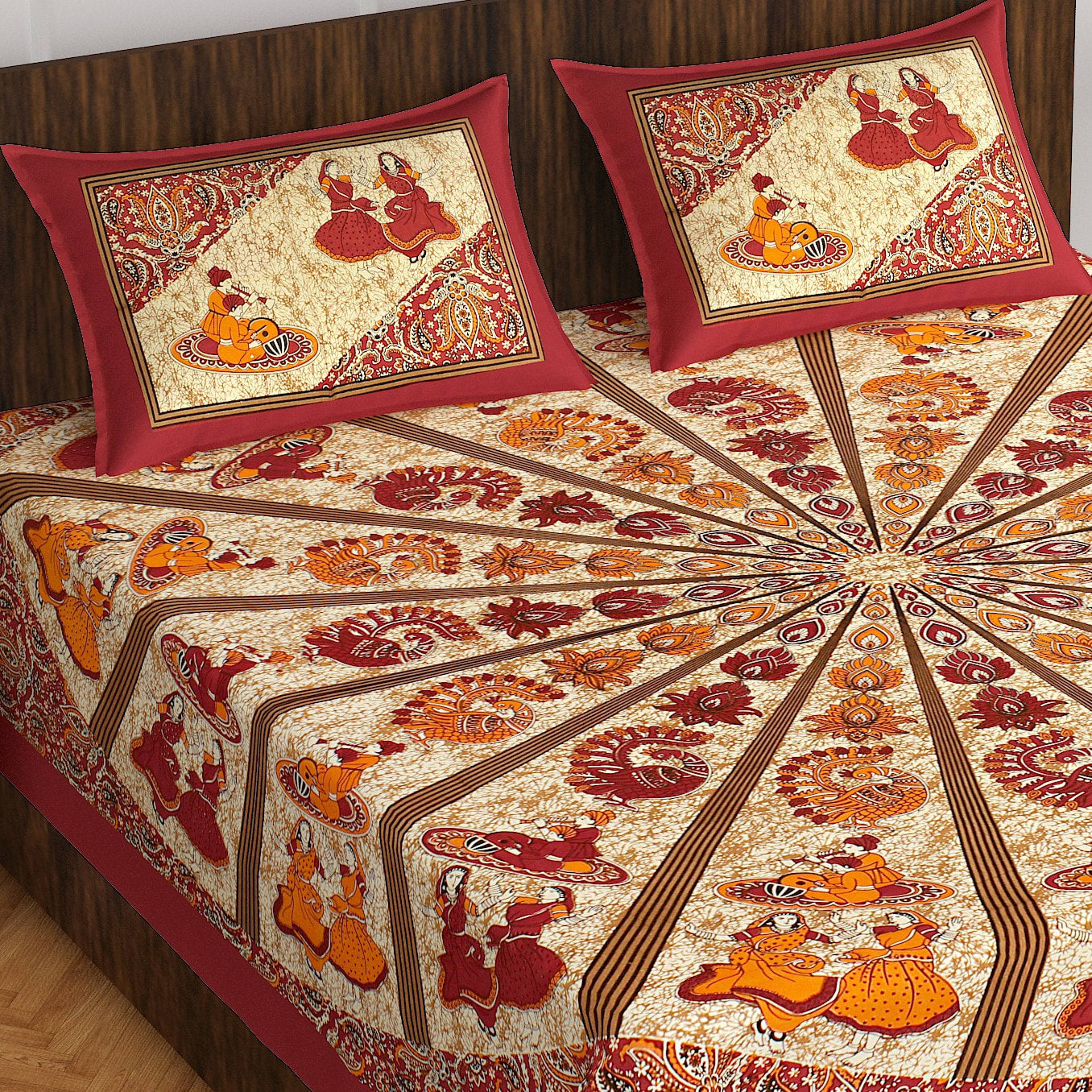 Cotton Printed Double Bedsheet (Maroon)