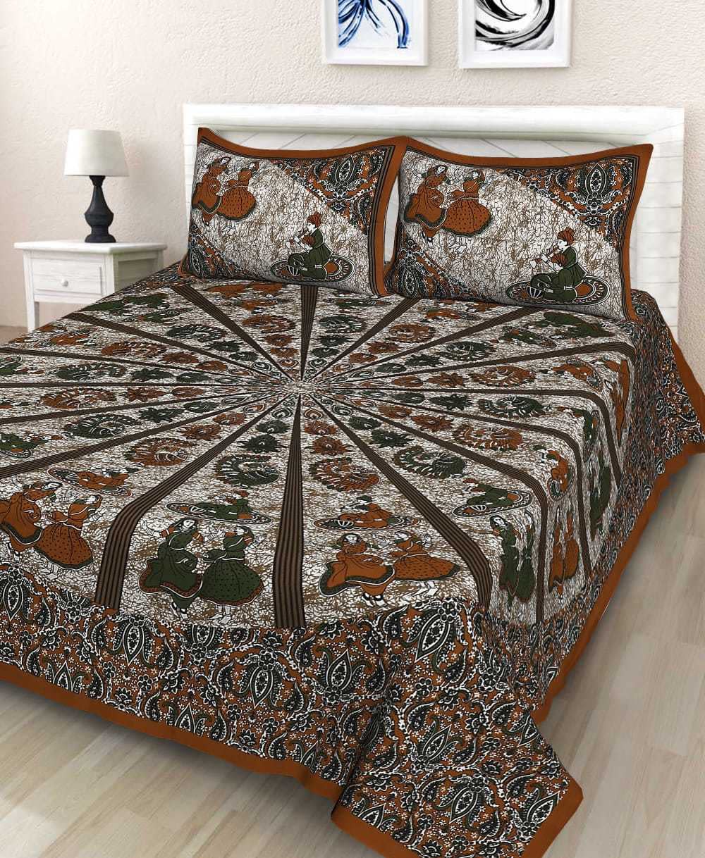 Jaipuri Prints Cotton Double Bedsheet (Brown)