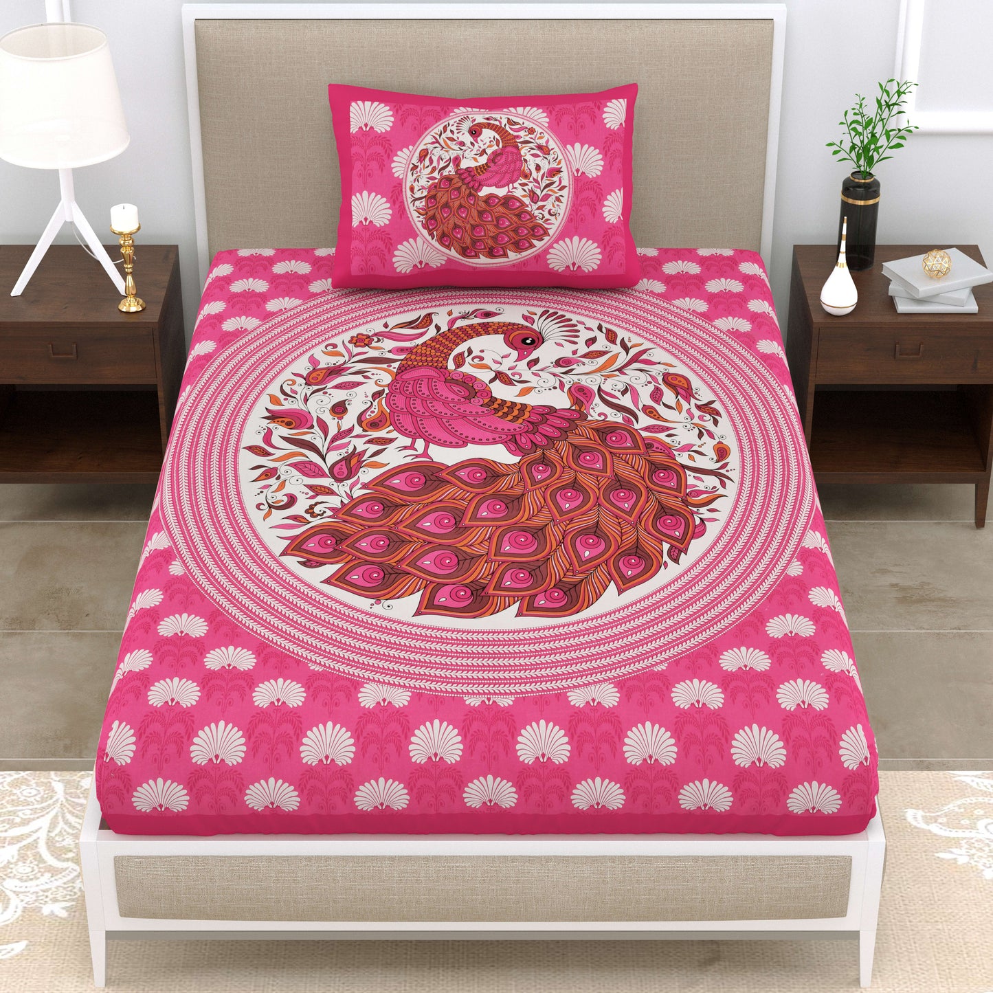 Dancing Peacock Printed Cotton single Bed Sheet With 1 Pillo Cover ?