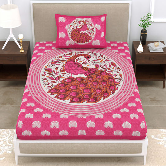 Dancing Peacock Printed Cotton single Bed Sheet With 1 Pillo Cover ?