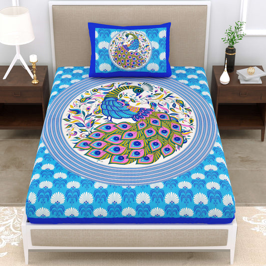 Dancing Peacock Printed Cotton single Bed Sheet With 1 Pillo Cover ?