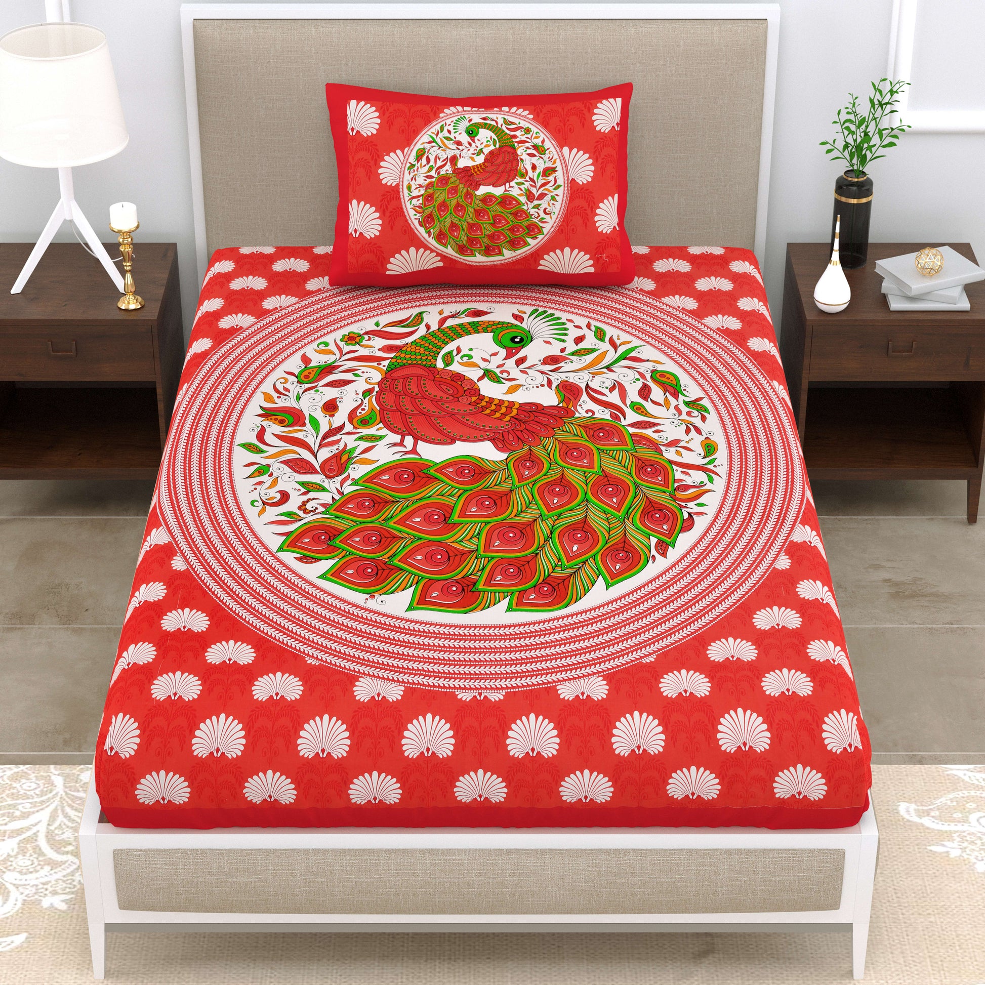 Dancing Peacock Printed Cotton single Bed Sheet With 1 Pillo Cover ?