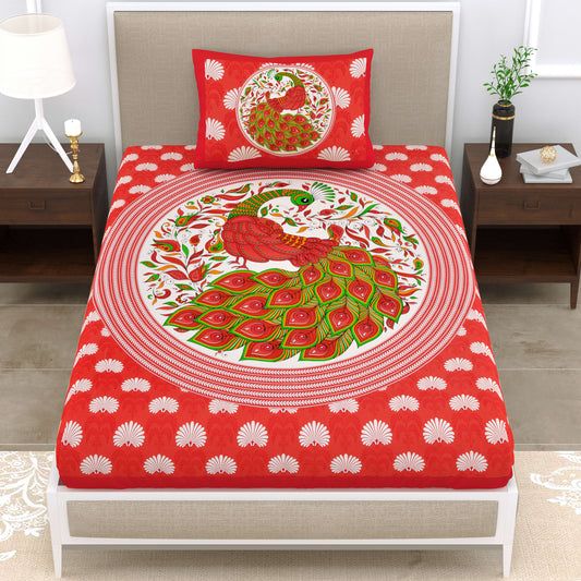 Dancing Peacock Printed Cotton single Bed Sheet With 1 Pillo Cover ?