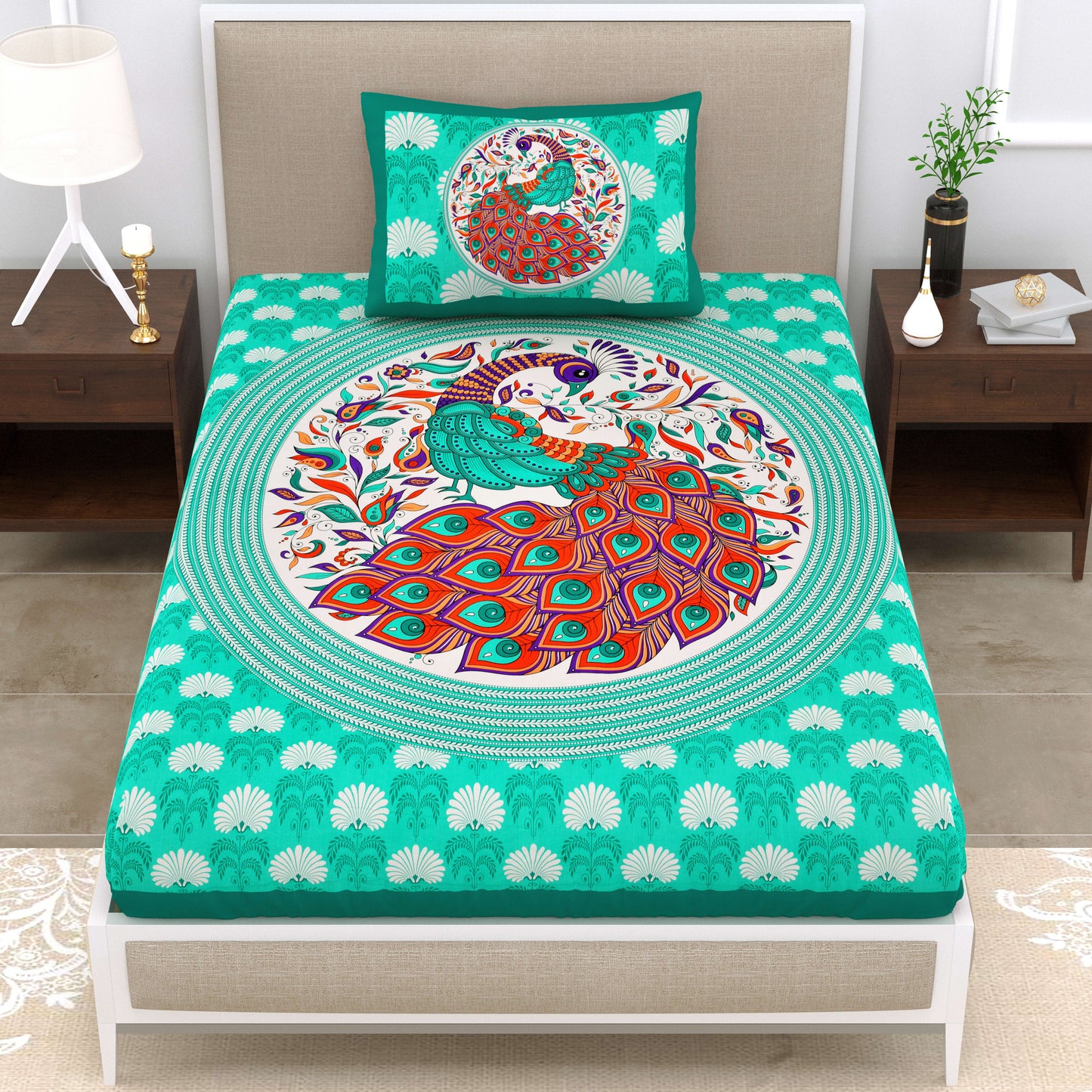 Dancing Peacock Printed Cotton single Bed Sheet With 1 Pillo Cover ?