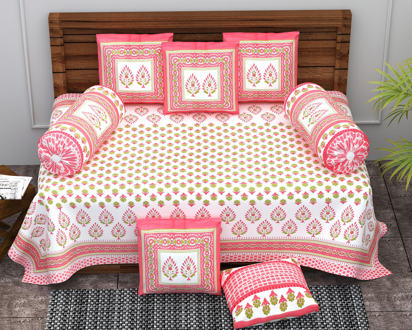 Diwan Set Cotton 6 Piece | Deewan Printed Bedsheet Sets for Living Room Hall (Set of 6Piece, 1-Bed Sheet | 2-Bolster Cover | 3-Cushion Cover