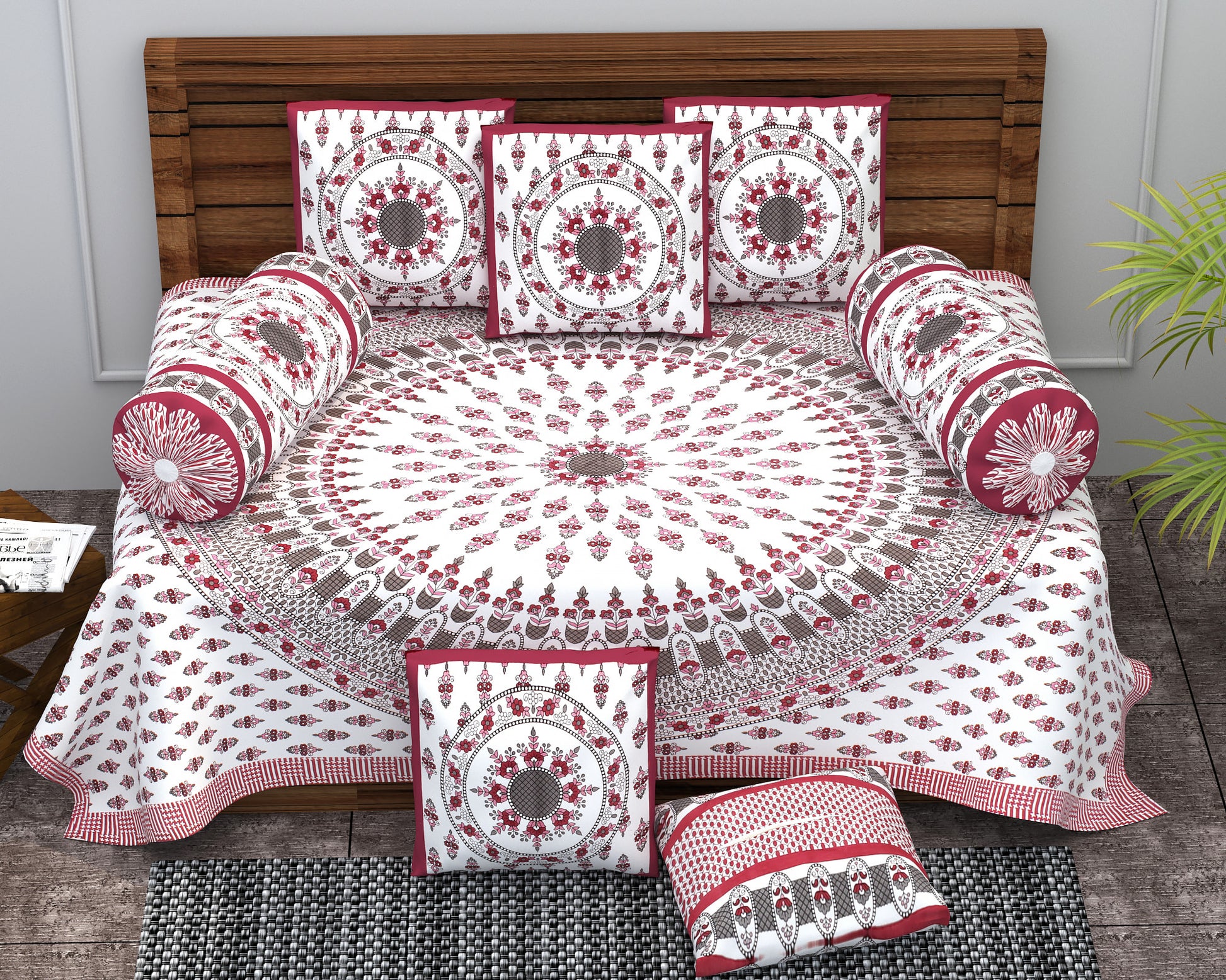 Diwan Set Cotton 6 Piece | Deewan Printed Bedsheet Sets for Living Room Hall (Set of 6Piece, 1-Bed Sheet | 2-Bolster Cover | 3-Cushion Cover