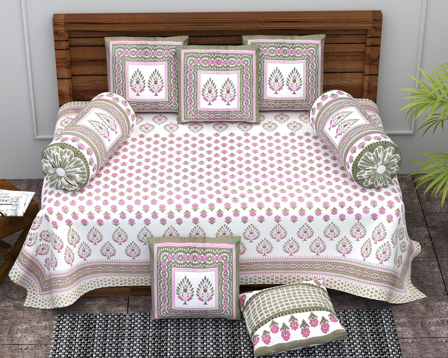 Diwan Set Cotton 6 Piece | Deewan Printed Bedsheet Sets for Living Room Hall (Set of 6Piece, 1-Bed Sheet | 2-Bolster Cover | 3-Cushion Cover