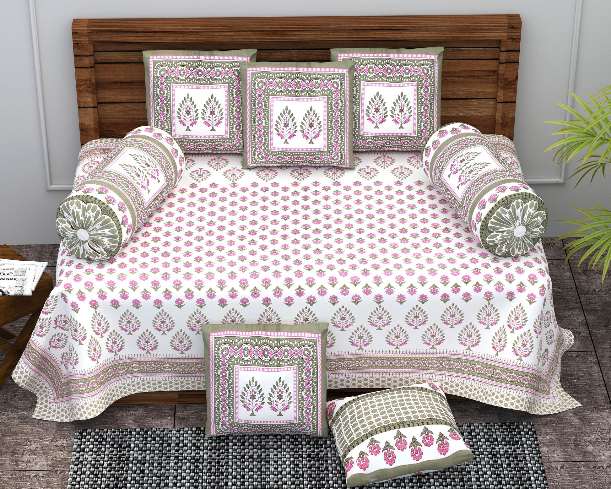 Diwan Set Cotton 6 Piece | Deewan Printed Bedsheet Sets for Living Room Hall (Set of 6Piece, 1-Bed Sheet | 2-Bolster Cover | 3-Cushion Cover