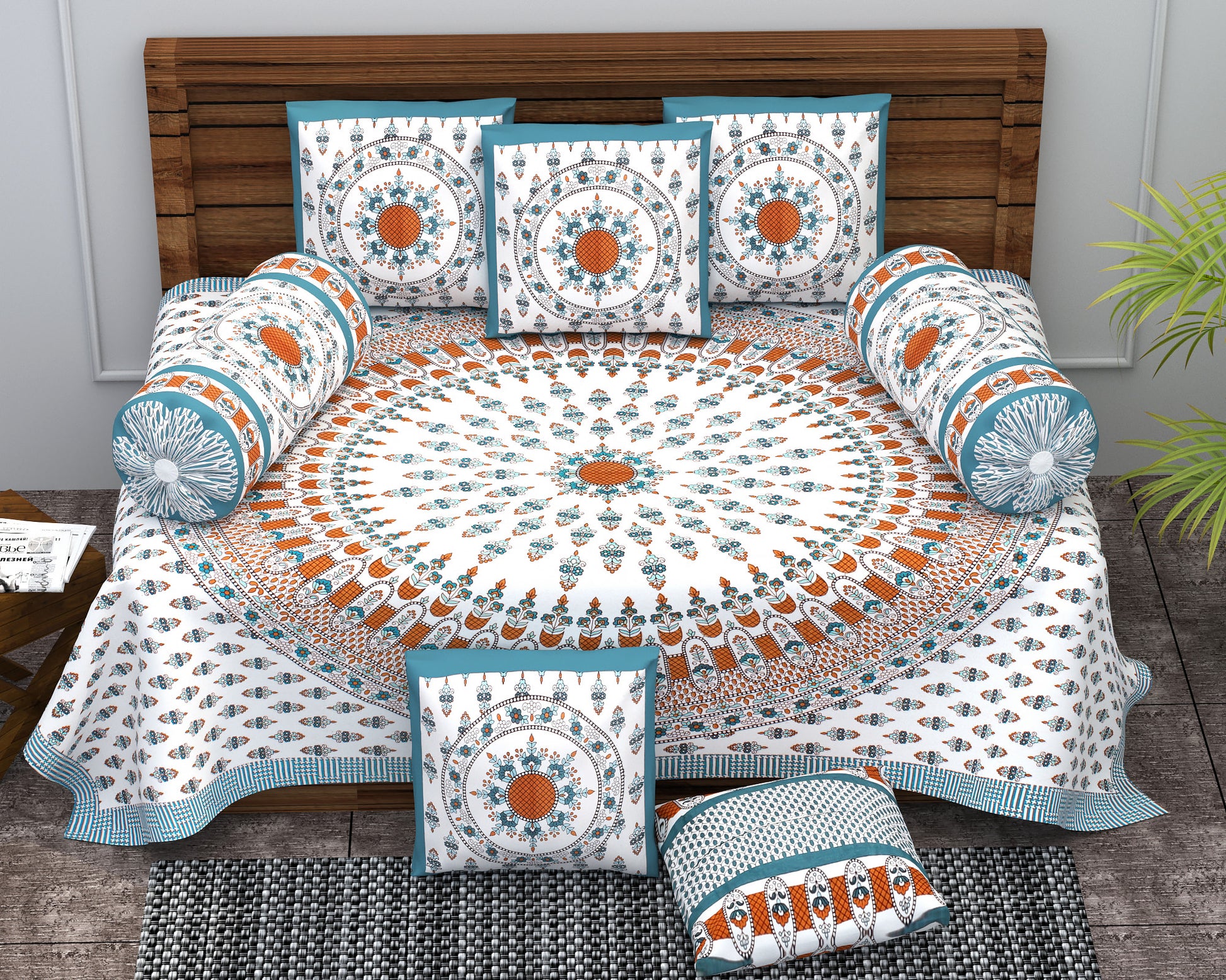 Diwan Set Cotton 6 Piece | Deewan Printed Bedsheet Sets for Living Room Hall (Set of 6Piece, 1-Bed Sheet | 2-Bolster Cover | 3-Cushion Cover