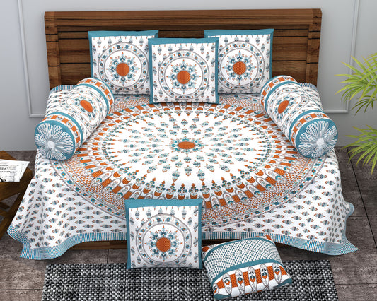 Diwan Set Cotton 6 Piece | Deewan Printed Bedsheet Sets for Living Room Hall (Set of 6Piece, 1-Bed Sheet | 2-Bolster Cover | 3-Cushion Cover