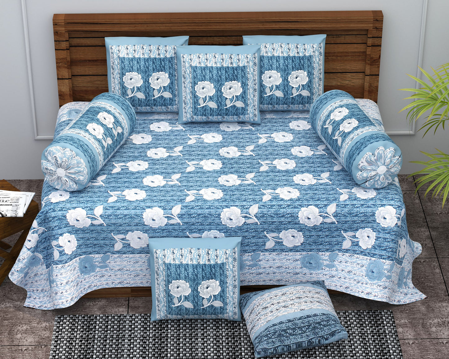 Diwan Set Cotton 6 Piece | Deewan Printed Bedsheet Sets for Living Room Hall (Set of 6Piece, 1-Bed Sheet | 2-Bolster Cover | 3-Cushion Cover