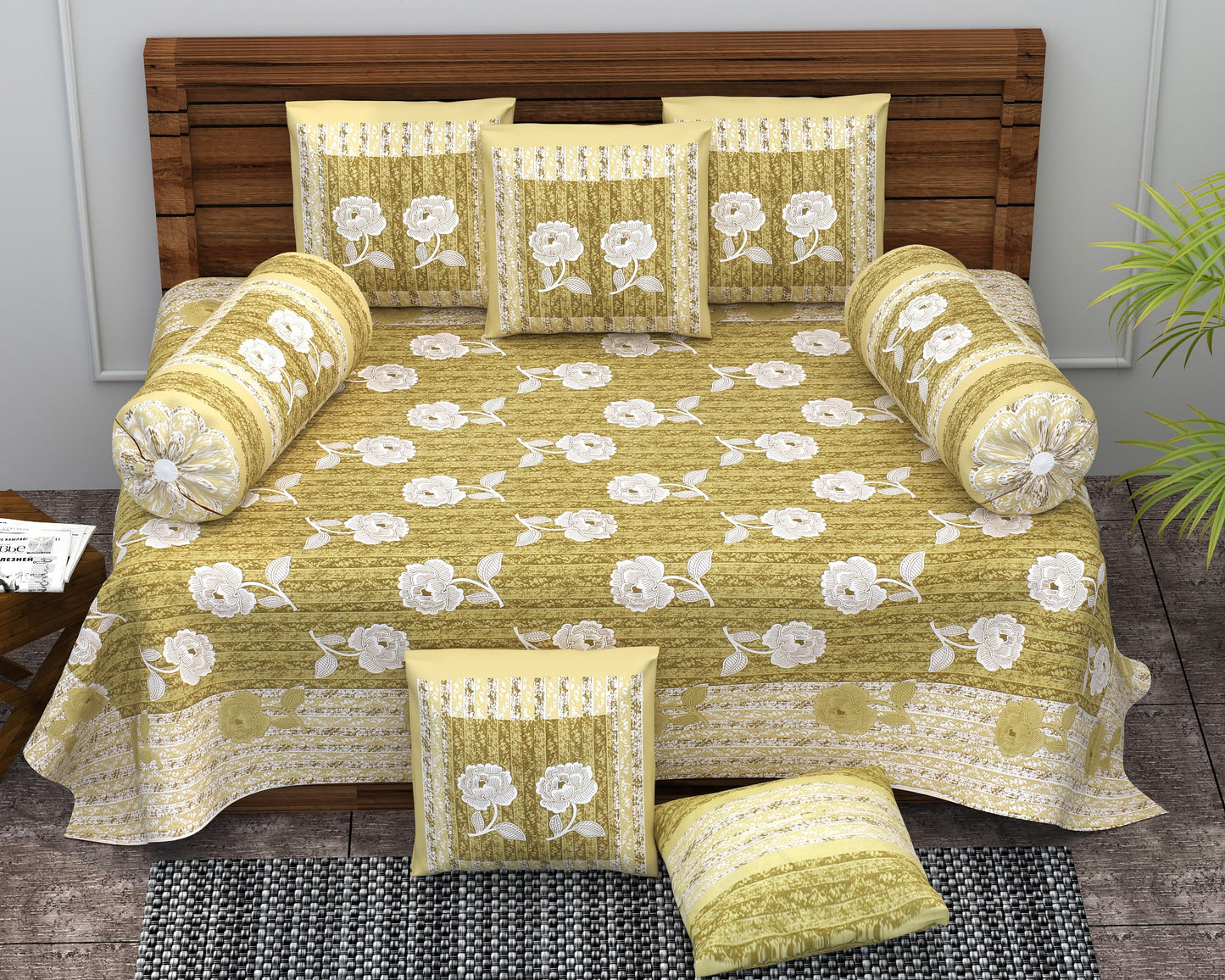 Diwan Set Cotton 6 Piece | Deewan Printed Bedsheet Sets for Living Room Hall (Set of 6Piece, 1-Bed Sheet | 2-Bolster Cover | 3-Cushion Cover