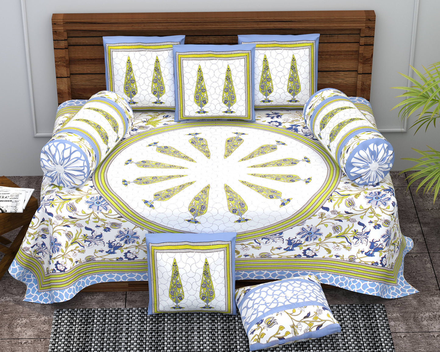 Diwan Set Cotton 6 Piece | Deewan Printed Bedsheet Sets for Living Room Hall (Set of 6Piece, 1-Bed Sheet | 2-Bolster Cover | 3-Cushion Cover