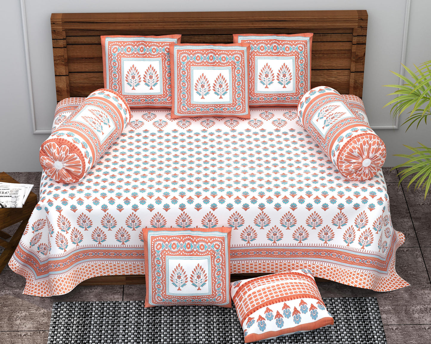 Diwan Set Cotton 6 Piece | Deewan Printed Bedsheet Sets for Living Room Hall (Set of 6Piece, 1-Bed Sheet | 2-Bolster Cover | 3-Cushion Cover