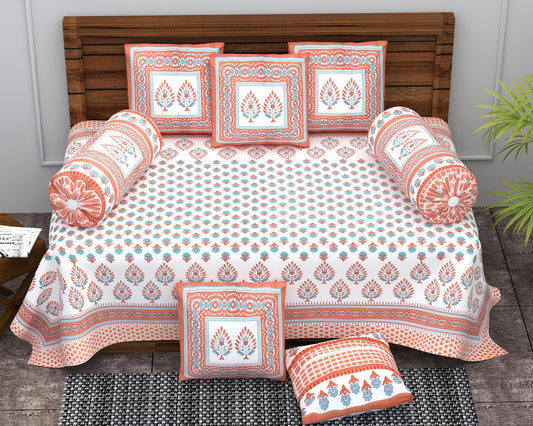 Diwan Set Cotton 6 Piece | Deewan Printed Bedsheet Sets for Living Room Hall (Set of 6Piece, 1-Bed Sheet | 2-Bolster Cover | 3-Cushion Cover