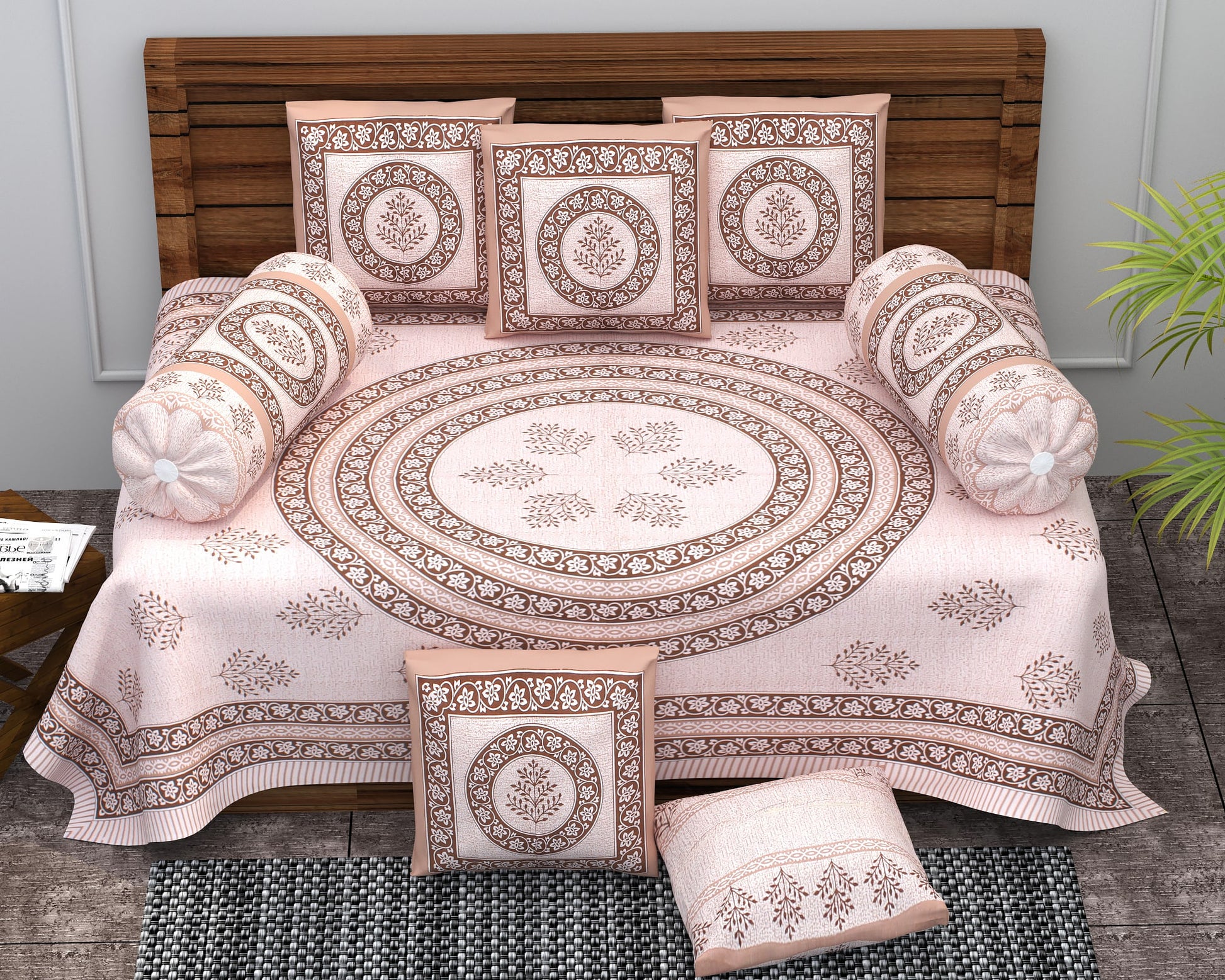 Diwan Set Cotton 6 Piece | Deewan Printed Bedsheet Sets for Living Room Hall (Set of 6Piece, 1-Bed Sheet | 2-Bolster Cover | 3-Cushion Cover