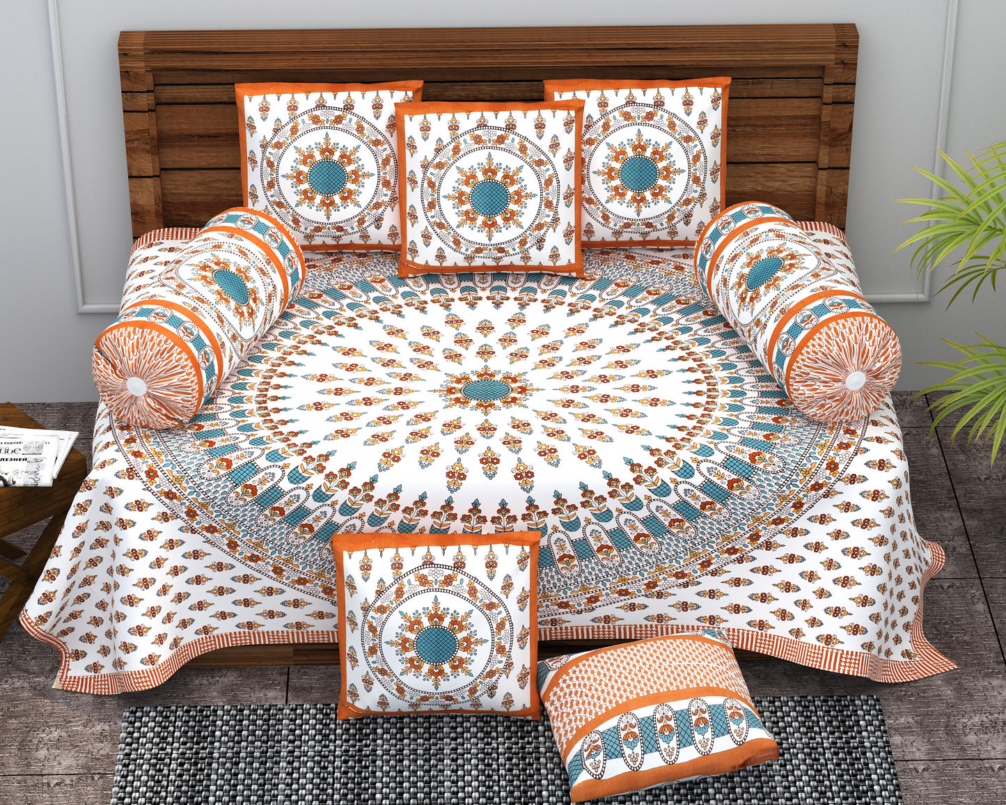 Diwan Set Cotton 6 Piece | Deewan Printed Bedsheet Sets for Living Room Hall (Set of 6Piece, 1-Bed Sheet | 2-Bolster Cover | 3-Cushion Cover