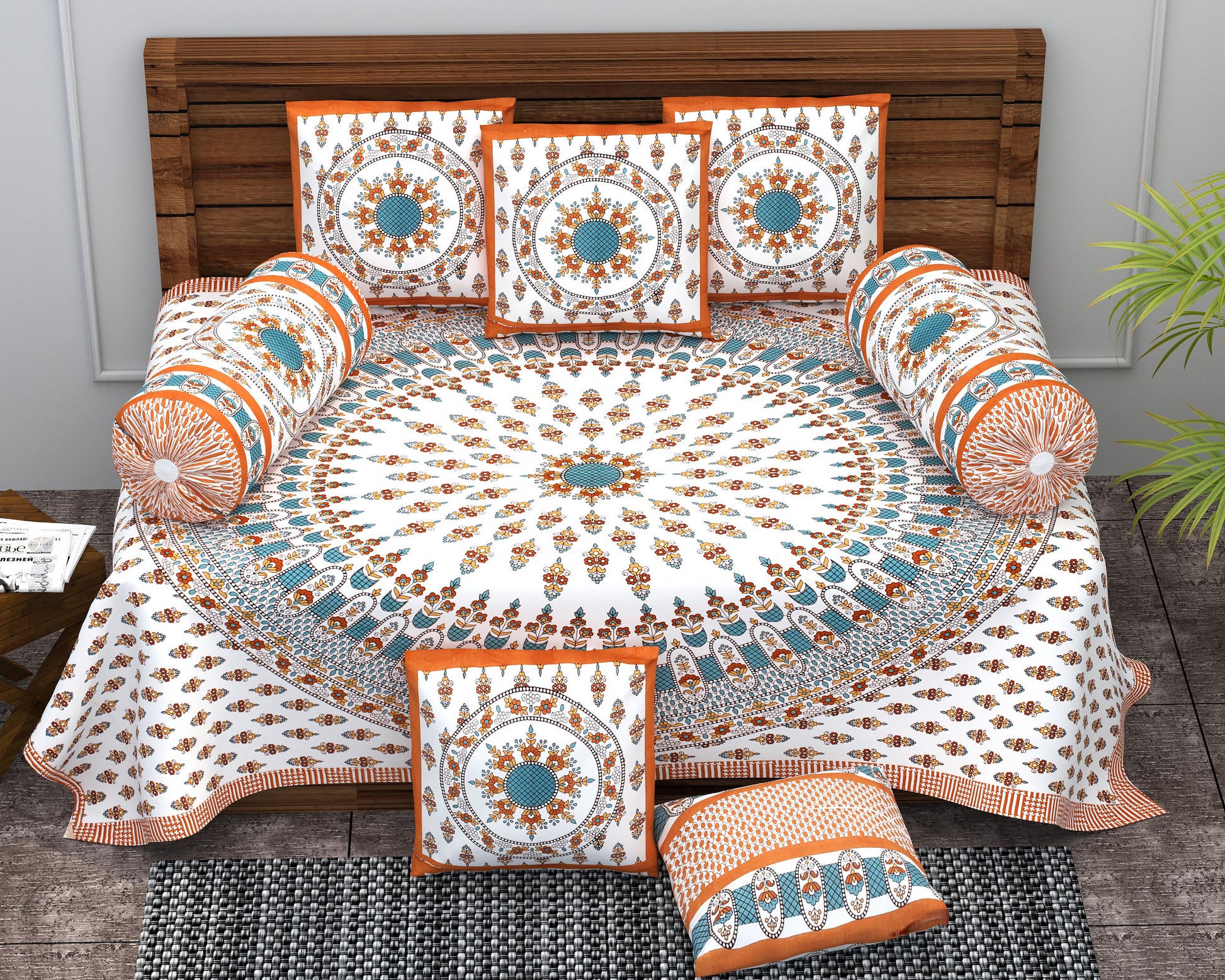 Diwan Set Cotton 6 Piece | Deewan Printed Bedsheet Sets for Living Room Hall (Set of 6Piece, 1-Bed Sheet | 2-Bolster Cover | 3-Cushion Cover