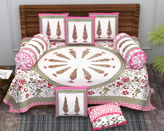 Diwan Set Cotton 6 Piece | Deewan Printed Bedsheet Sets for Living Room Hall (Set of 6Piece, 1-Bed Sheet | 2-Bolster Cover | 3-Cushion Cover