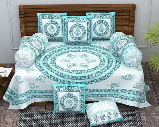 Diwan Set Cotton 6 Piece | Deewan Printed Bedsheet Sets for Living Room Hall (Set of 6Piece, 1-Bed Sheet | 2-Bolster Cover | 3-Cushion Cover