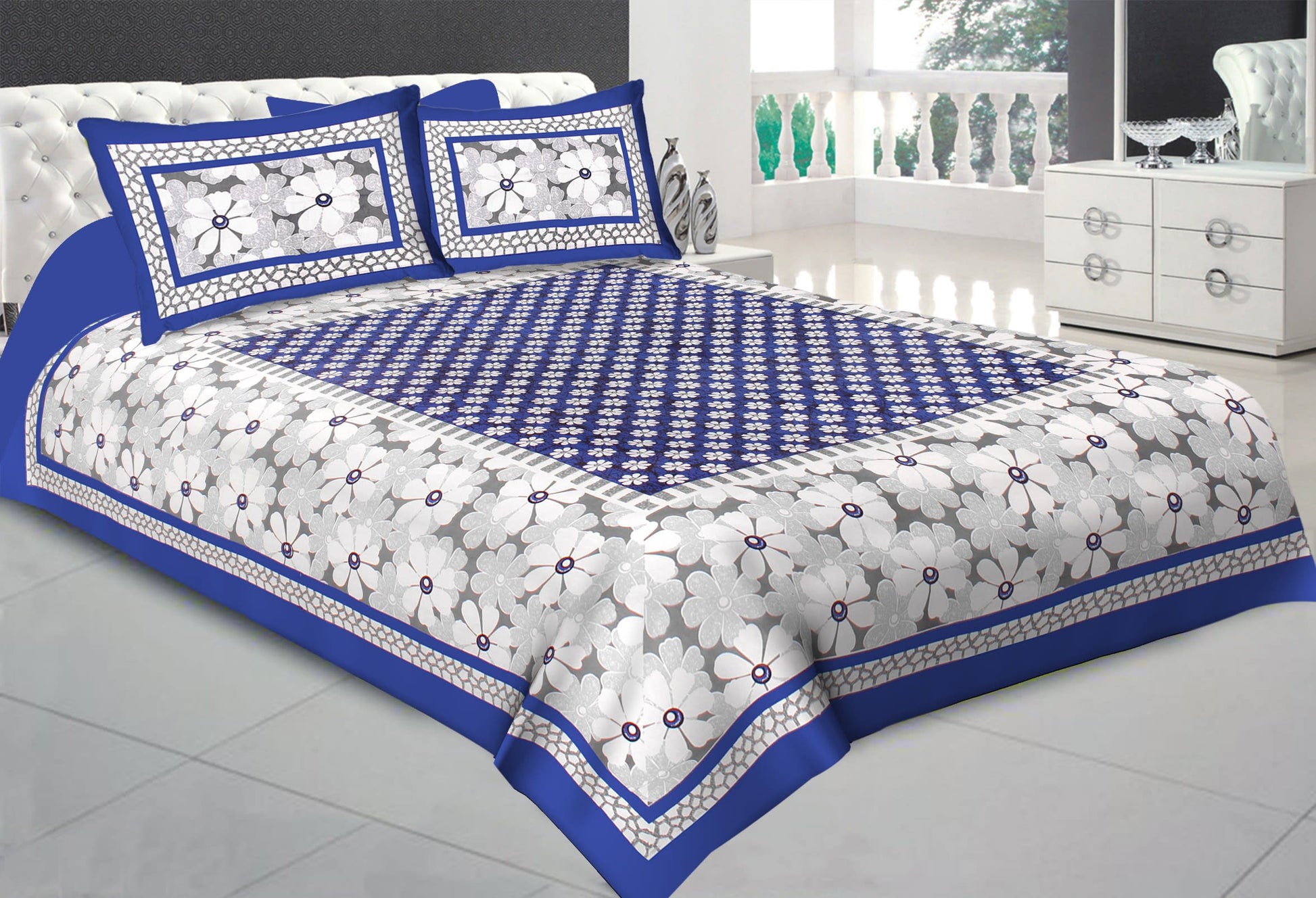 Cotton Printed Double Bedsheet (Blue)