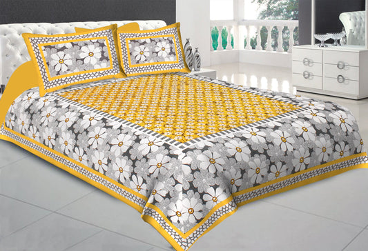 Cotton Floral Double Bedsheet (Yellow)