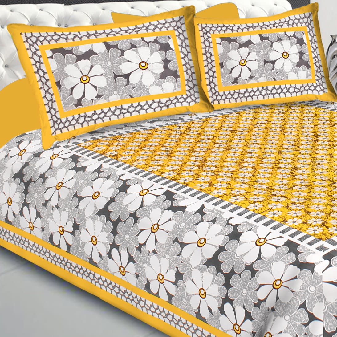 Cotton Floral Double Bedsheet (Yellow)