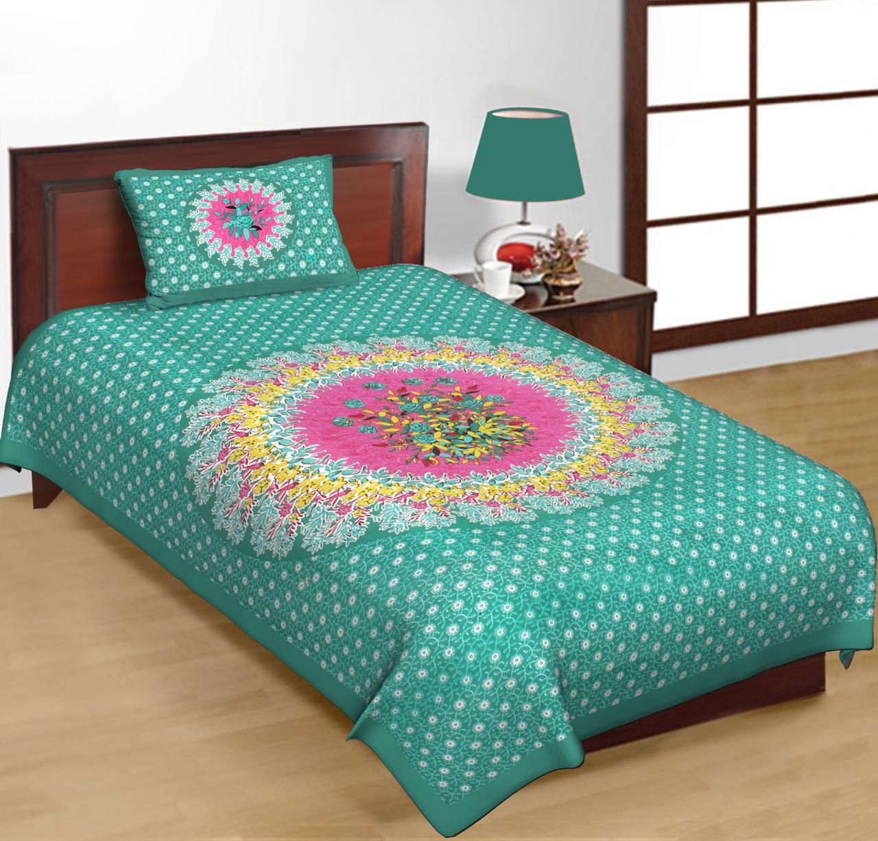 Floral Flat Cotton Single Bedsheet with 1 Pillow Covers   (Pack of 1, Green)