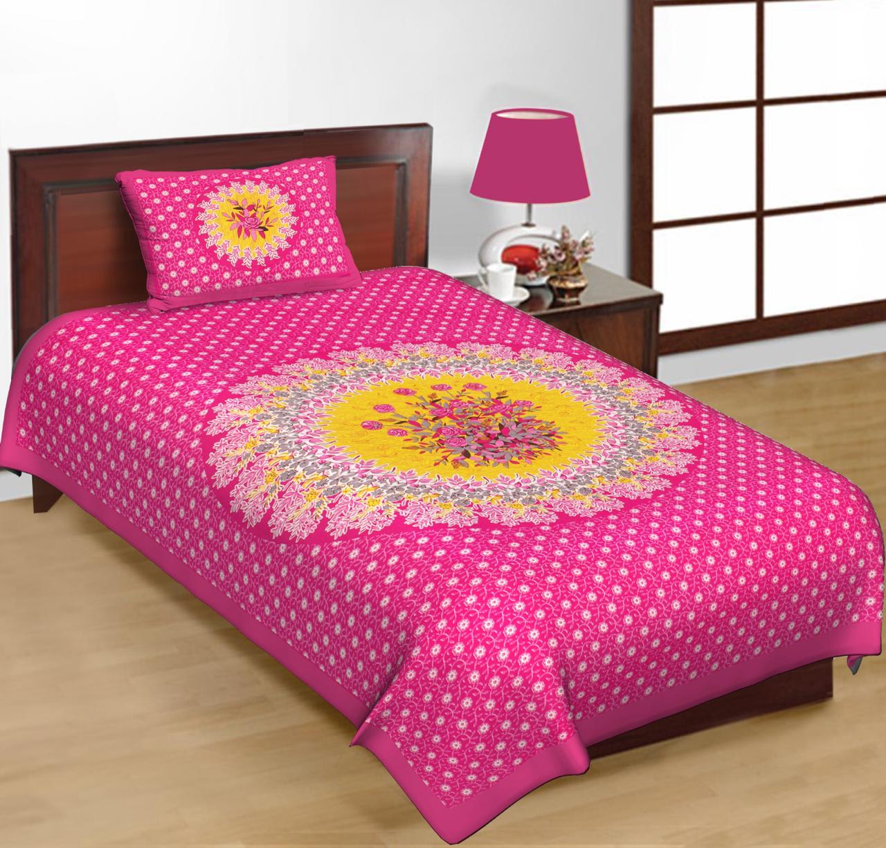 Floral Flat Cotton Single Bedsheet with 1 Pillow Covers   (Pack of 1, Pink)