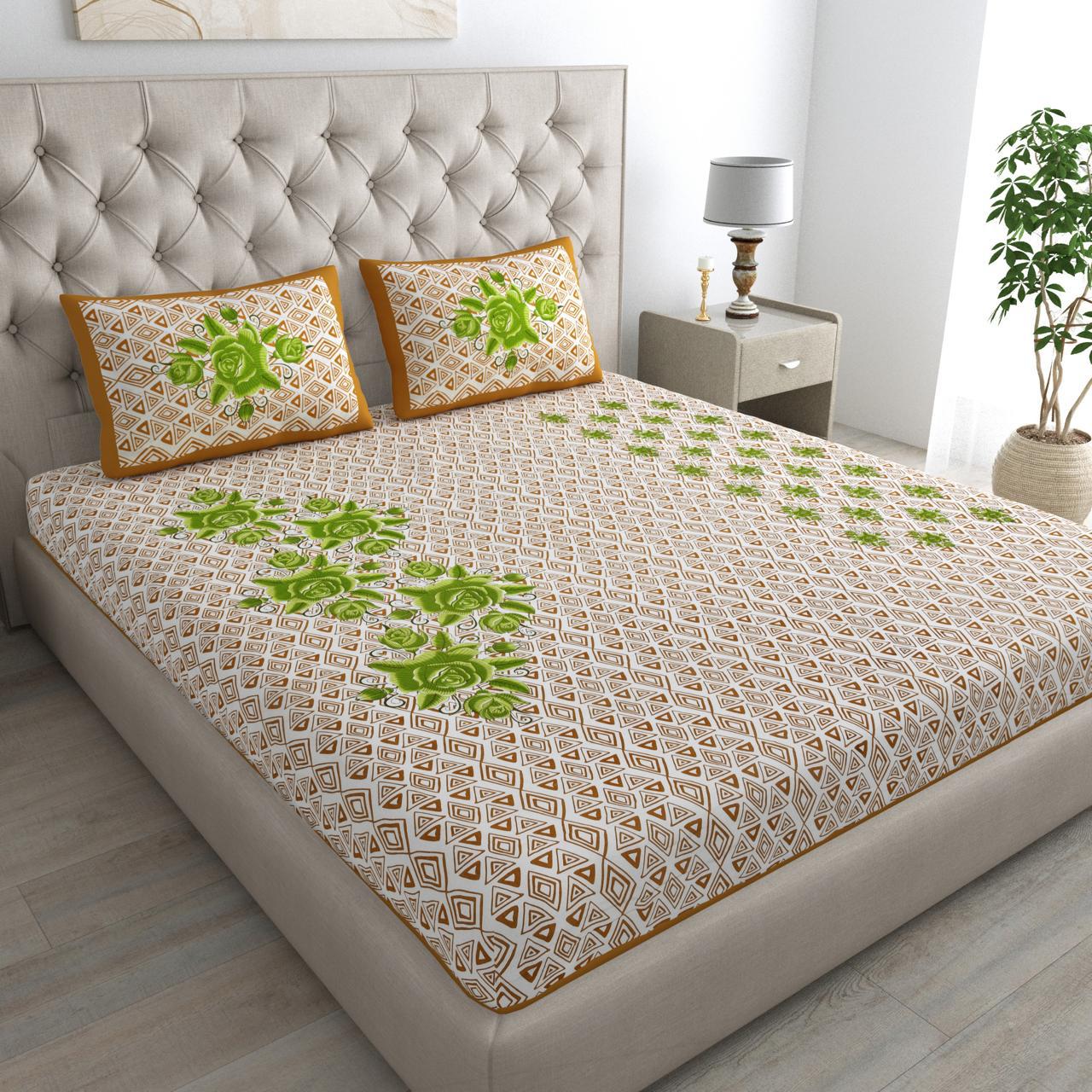 Floral Print Cotton Double Bed Sheet  ( Brown)