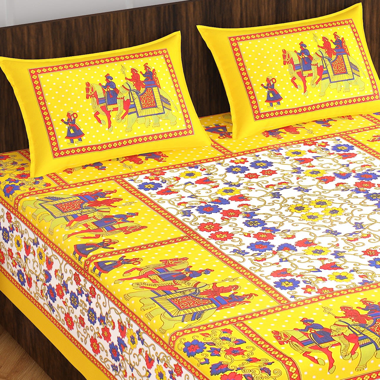 Cotton Floral Double Bedsheet (Yellow)