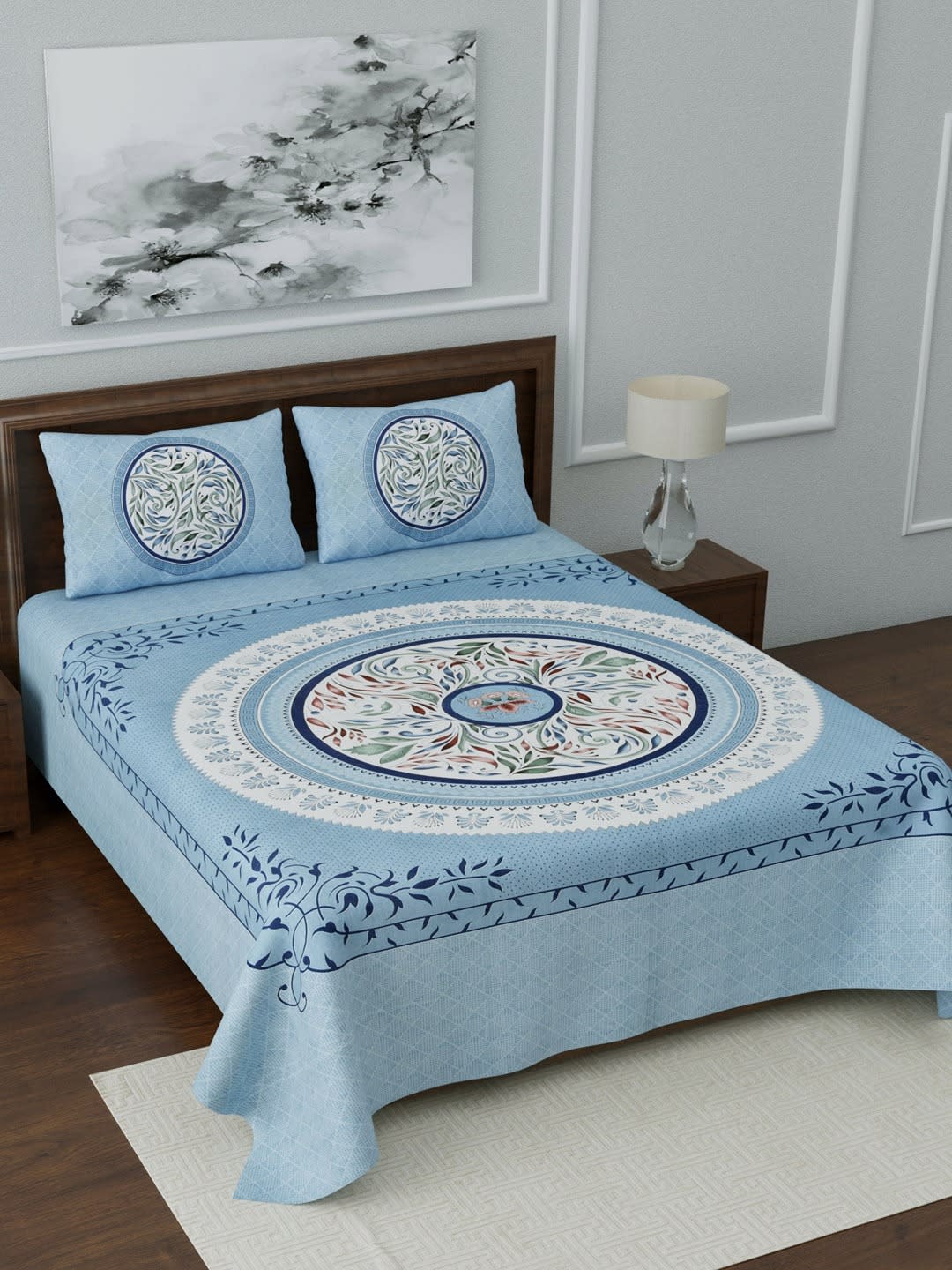 Jaipuri Prints Cotton Double Bedsheet (Blue)
