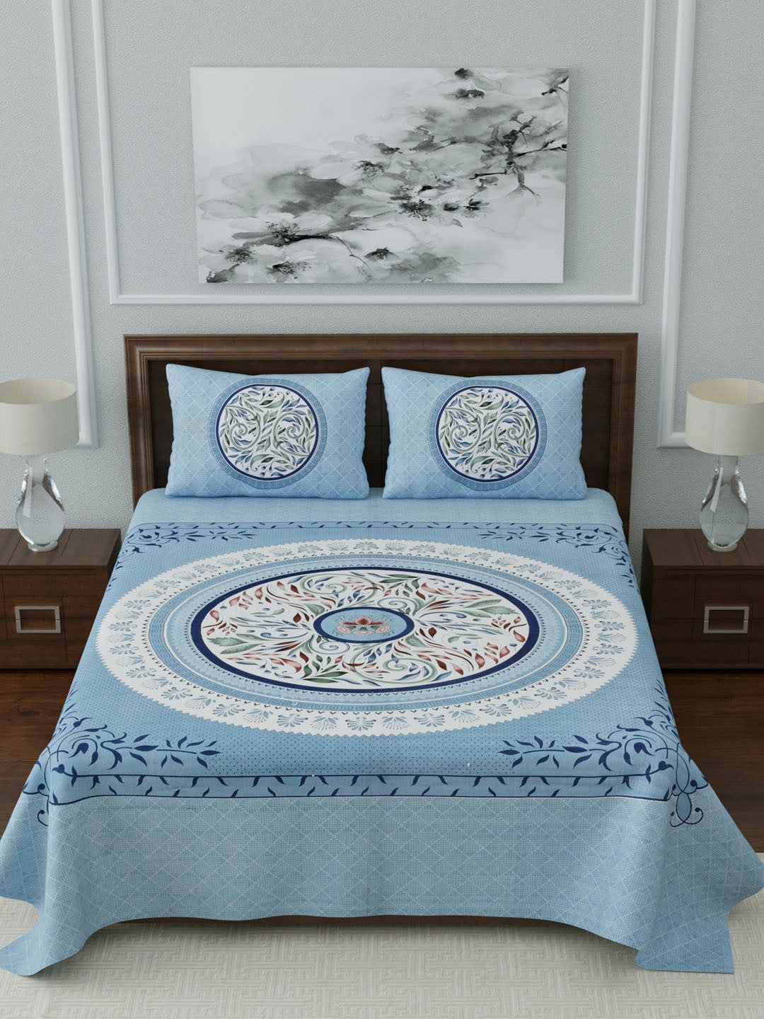 Jaipuri Prints Cotton Double Bedsheet (Blue)