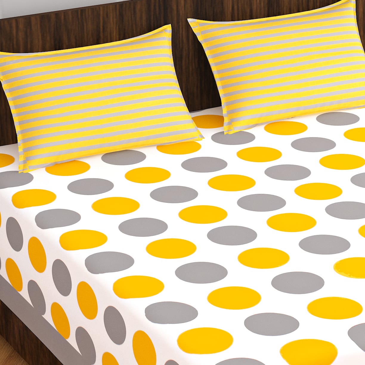 Yellow and Gray 100% Cotton Blend Floral Print Double Bed Sheet With 2 Pillow Covers
