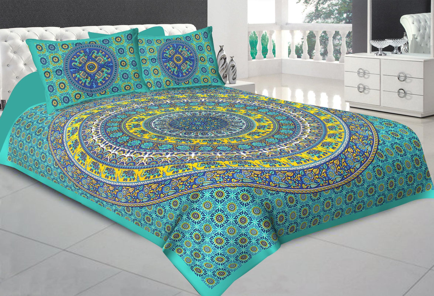 Jaipuri Prints Cotton Double Bedsheet (Green)