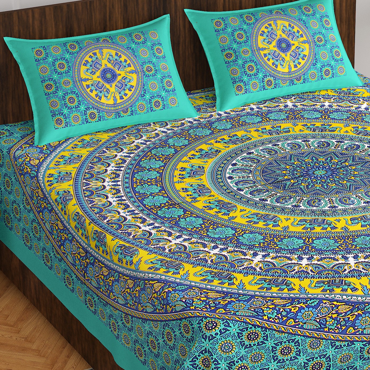Jaipuri Prints Cotton Double Bedsheet (Green)