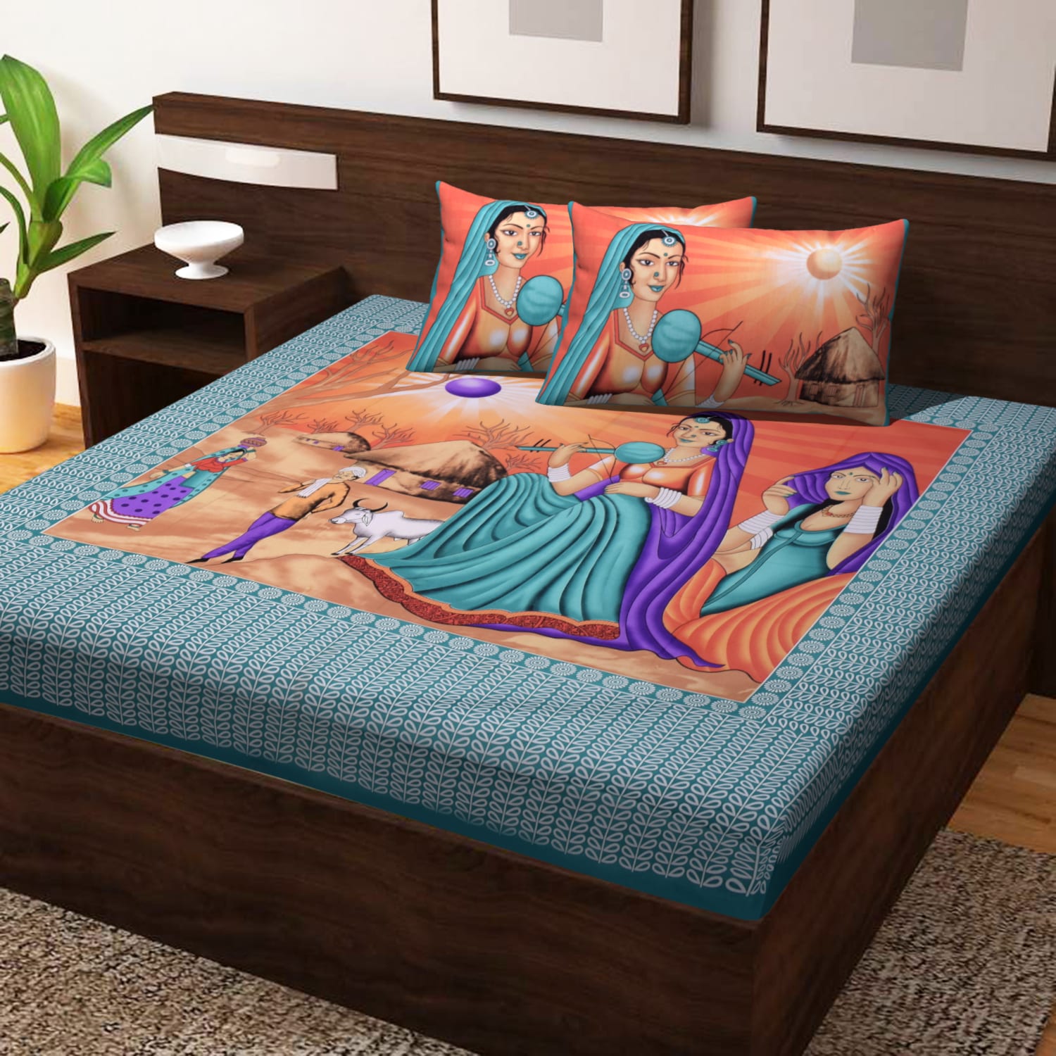 Jaipuri Prints Cotton Double Bedsheet (Green)