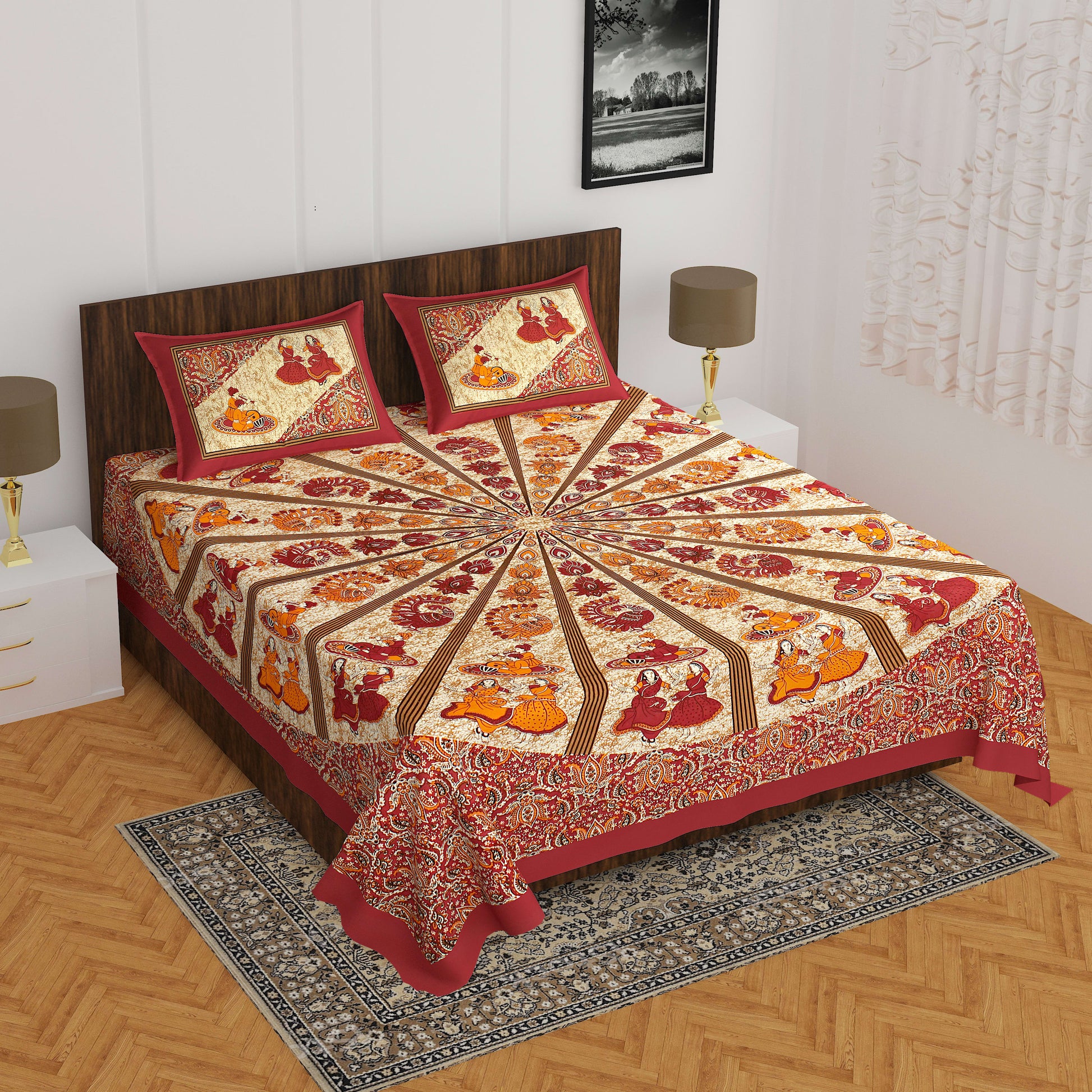 Cotton Printed Double Bedsheet (Maroon)