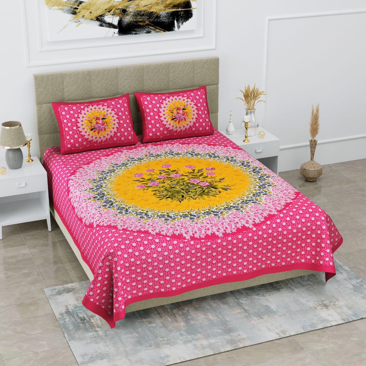 Jaipur Print Cotton Double Printed Flat Bedsheet  (Pack of 1, Pink)