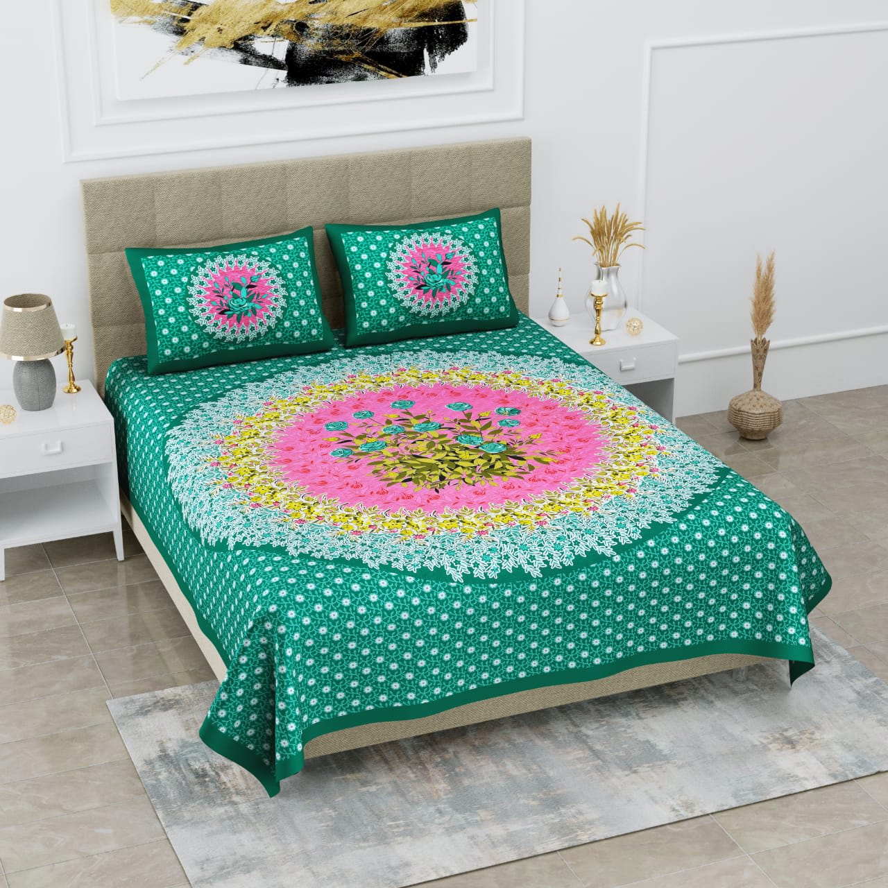 Jaipur Print  Cotton Double Printed Flat Bedsheet  (Pack of 1, Green)