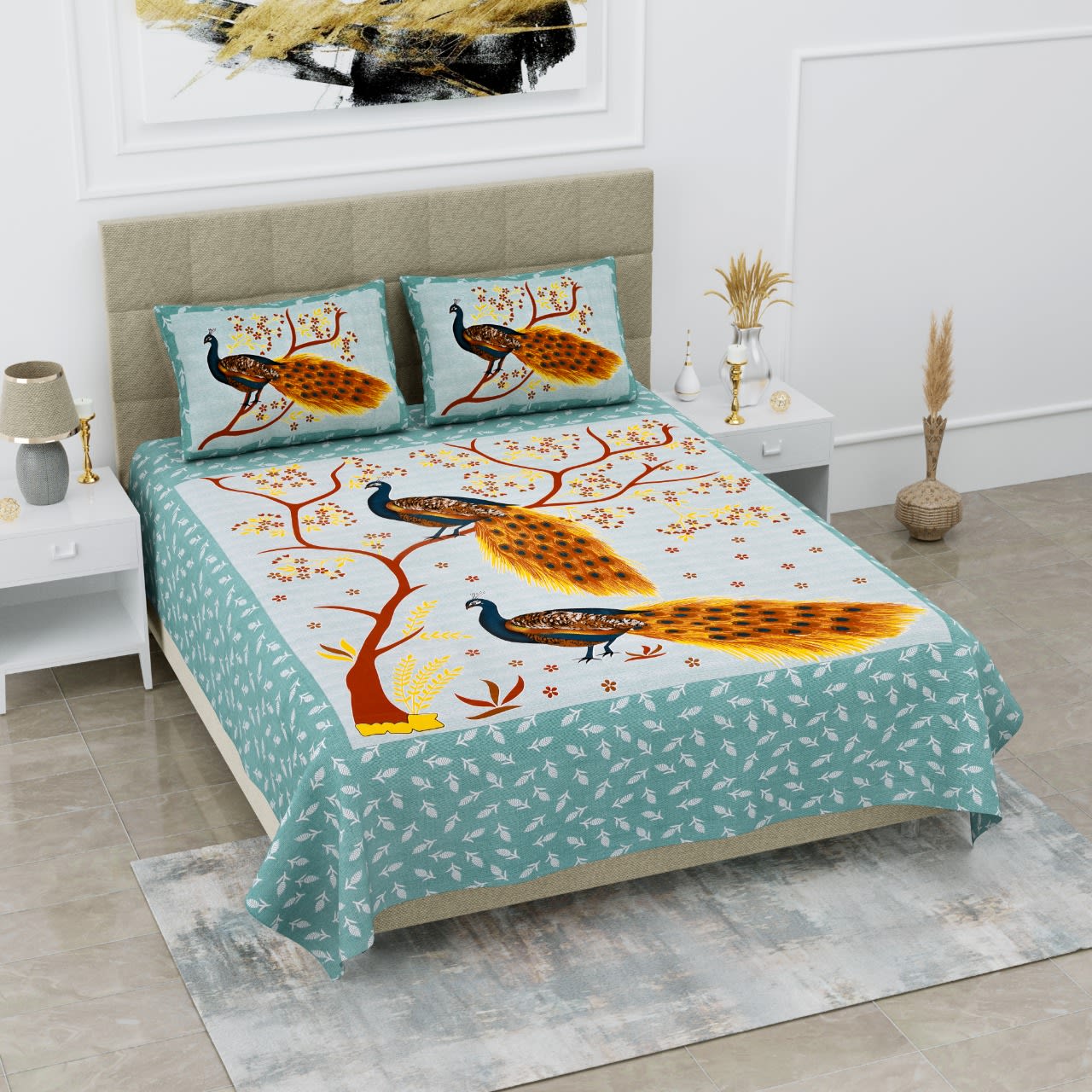 Jaipur Print  Cotton Double Printed Flat Bedsheet  (Pack of 1, Green)