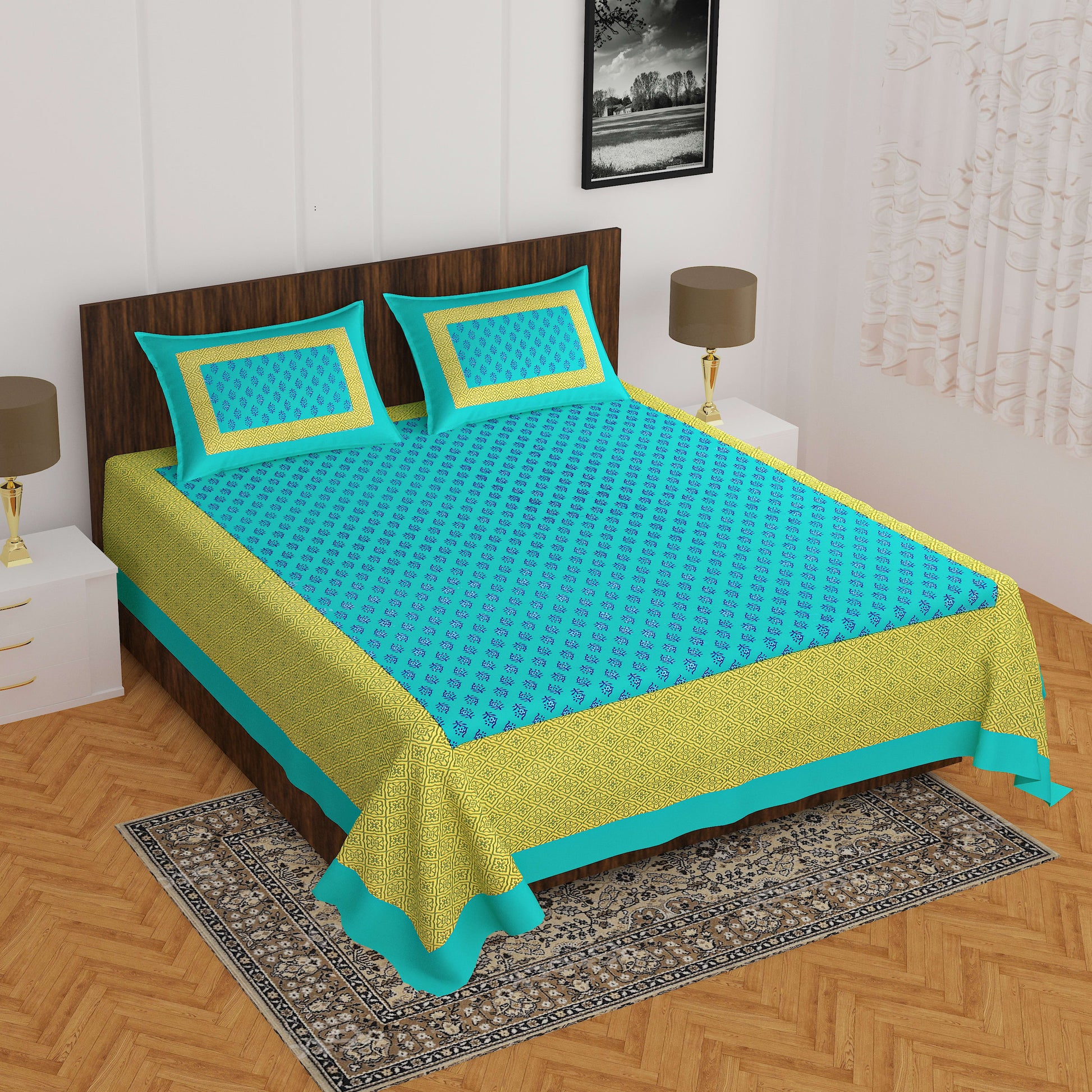 Jaipuri 100% Cotton 1 Traditional Double  Size Bedsheet with 2 Pillow Cover