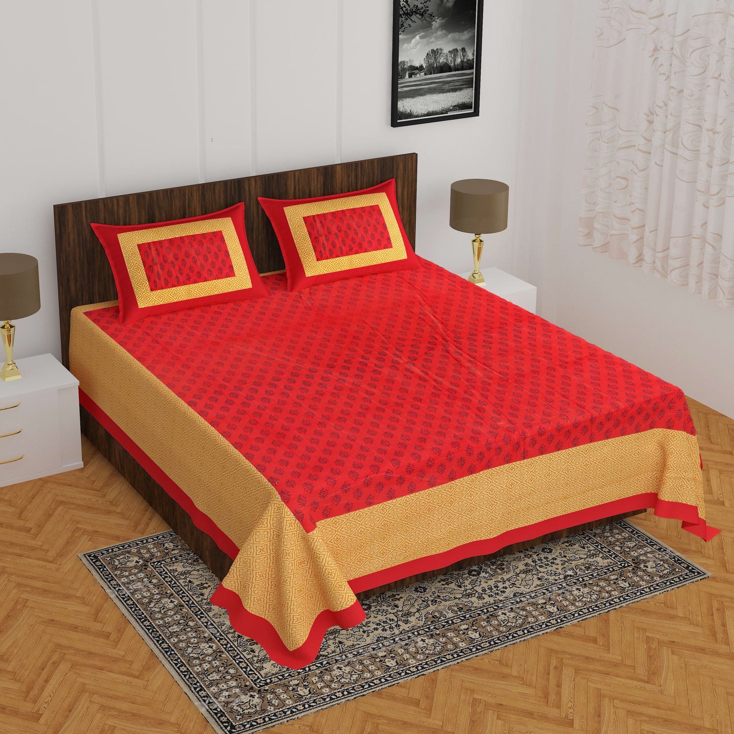 Jaipuri 100% Cotton 1 Traditional Double  Size Bedsheet with 2 Pillow Cover